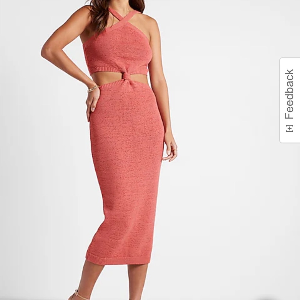Coral blush Halter Knot Front Cutout Sweater Midi Dress XS